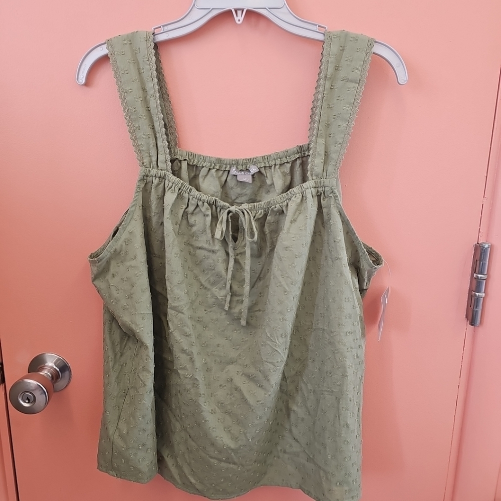 NWT Womens 1X Green Falls Creek Clip Dot Keyhole Tie Tank Top Blouse 100% Cotton